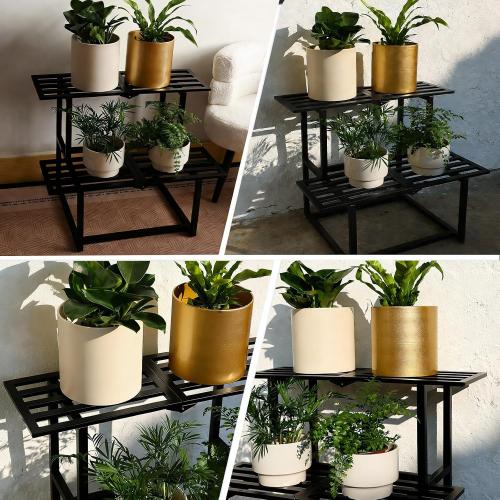 Heavy Duty Plant Stand Indoor Outdoor, Foldable Metal Plant Shelf for Multiple Pots, Mid Century Slatted Bench for Patio Garden, 2 Tier Black