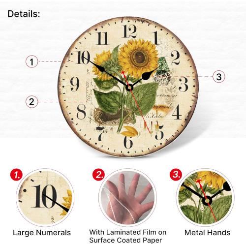 Size  8 Inch Summer Sunflower Wall Clock, Retro Rustic Floral Battery Operated Clocks, Wooden Decorative Easy to Read Clock for Home/Office/School/Bar