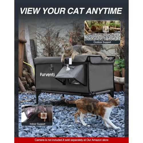Heated Cat House for Outside,Dual Camera Mounts,100% Weatherproof & Extremely Insulated,Elevated Feral Cat Shelter with Escape Door,Waterproof Eaves for Outdoor Stray Barn Cat(Dark Grey,S)
