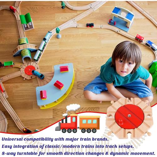 Wooden Train Track Expansion Pack 8 Way Turntable Brick Bridge Accessory Set Compatible for Tabletop Play, Toddler Activities and Family Fun(Wooden Train Track Turntable, Piece, 1)