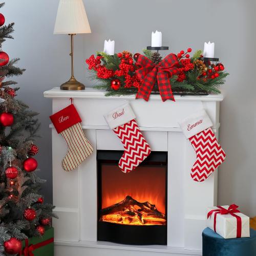 Christmas Centerpiece with 3 Candle Holders 3 LED Candles 1 String Lights Xmas Triple Candelabrum Poinsettia Red Buffalo Plaid Bow Berry Pine Cones with 3 Candle Holders for Tables Home Decorations