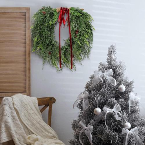 Dingion Small Norfolk Pine Christmas Wreath 11.8 in Christmas Kitchen Cabinet Norfolk Pine Wreath Mini for Front Door Artificial Farmhouse Rustic Xmas Decor for Window Fireplace