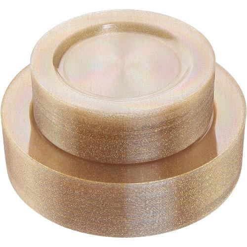 I00000 102PCS Gold Glitter Plastic Plates, Gold Glitter Disposable Plates Clear Plastic Party Plate Include 51 Dinner Plate 10.25 and 51 Dessert Plate 7.5 for Parties &Wedding