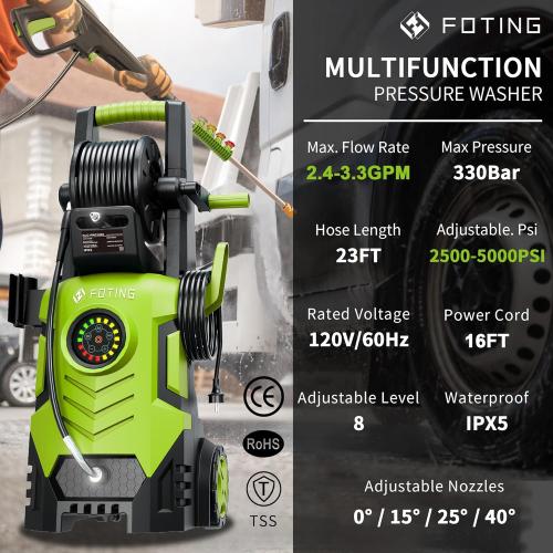 2025Upgraded Pressure Washer 5000PSI with Adjustable Touch Screen 8 Level, 34 Tall, 4 Quick Connect Nozzles,Inlet Hose&Filter&500mlFoam Cannon for Cars/Fences/Driveways/Home Cleaning,Yellow