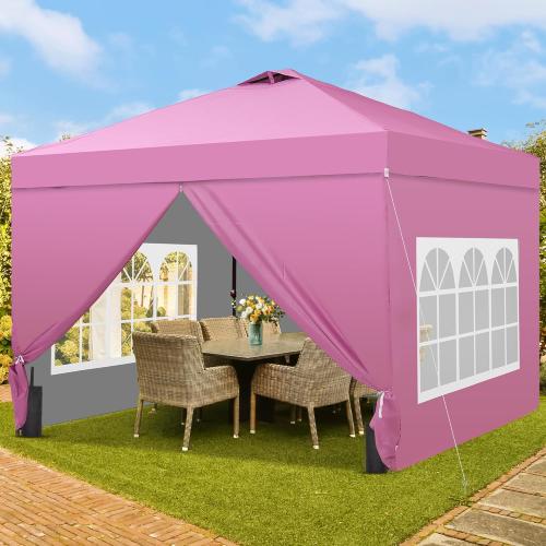 GDY 10x10 Pop Up Canopy Tent with 4 Sidewalls, Easy Set up with One Push Lift Outdoor Silver Coated Beach Gazebos, Carpas with 4 Sandbags, for Outdoor, Parties,Camping, Pink.