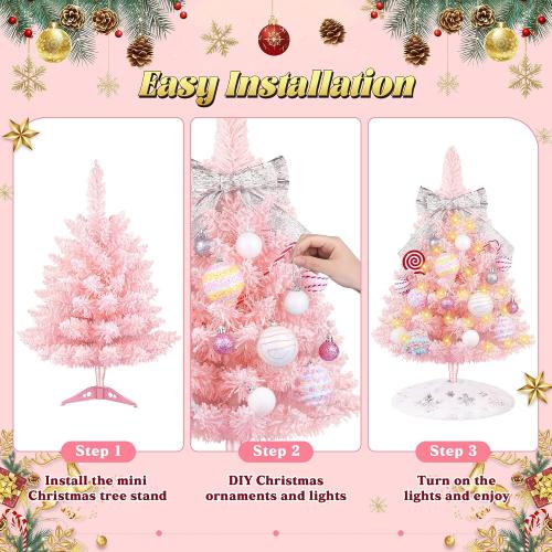 Mini Pink Christmas Tree with Lights, 2ft Artificial Small Table Top Christmas Tree with Bow, Ball Ornaments and White Tree Skirt, 24 Pcs DIY Xmas Decorations for Kids, Toddler Room