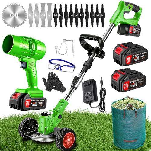Cordless Weed Wacker Electric Battery Powered 21V Lightweight Electric Weed Trimmer with 2 Battery Operated Leaf Blower Weed Storage Bag Grass Trimmer/Edger Lawn Tool/Brush Cutter for Garden Yard