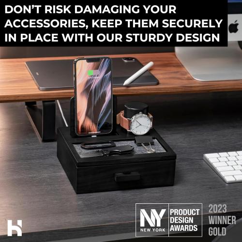 Color Black Holme & Hadfield Premium Wooden Phone Docking Station with Drawer – Nightstand Organizer for Charging Phone – Declutter Your Space with Felt-Lined Protection & Watch Pillar – Gift For Men