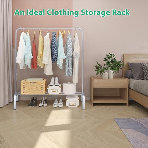 JIUYOTREE Metal Clothing Rack 43.3 Inches Clothes Garment Coat Rack with Bottom Shelf Clothing Rack for Hanging Clothes Coats Skirts Shirts Sweaters Silver Gray