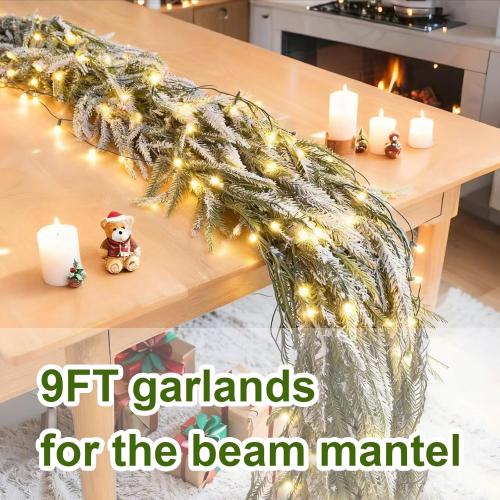 9FT Christmas Garlands Norfolk Pine Garland, Real Touch Artificial Winter Pine Garland, Green Artificial Greenery Garlands with Snowflake for Wall, Mantle, Table, Indoor, Outdoor Christmas Decorations