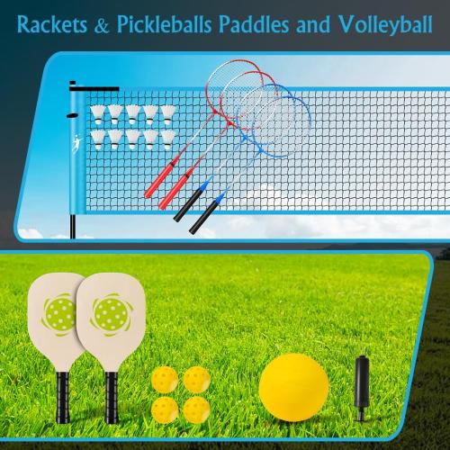 Pickleball Badminton Net Set for Backyards, All-in-One Portable Volleyball Combo Set with Adjustable Net, Volleyball Pickleball Paddles & Badminton Rackets for Indoor Outdoor
