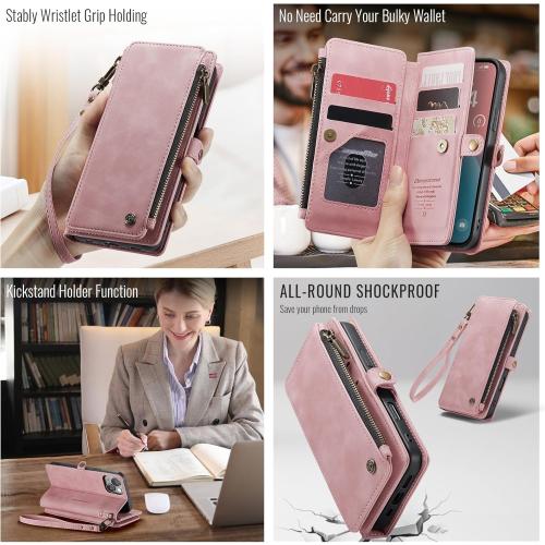 Defencase Compatible with iPhone 15 Case Wallet with RFID Blocking Card Holder for Women and Men, Fashion PU Leather Magnetic Snap Flip Zipper Strap Wallet Phone Case Fit for iPhone 15 6.1, Rose Pink