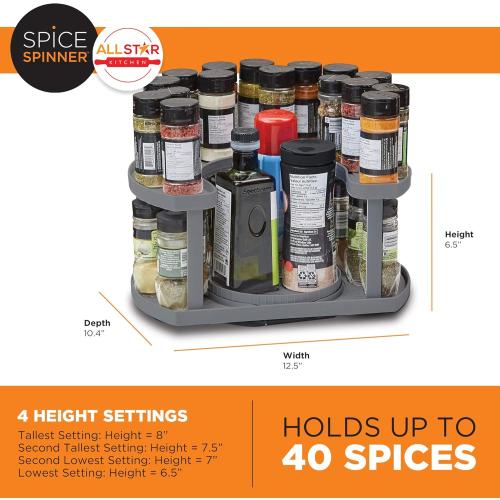 2-Tier Spice Rack Organizer for Cabinet | Rotating Lazy Susan Spice Organizer Holds 40 Spice Jars | Countertop & Pantry Spice Shelf for Kitchen Organization & Storage (Gray)