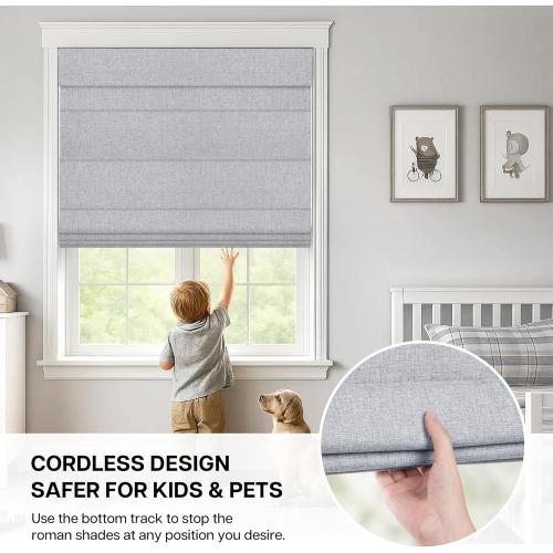 LazBlinds No Drill Roman Shades for Windows, Cordless Blackout Window Shades with UV Protection, Polyester Fabric for Bedroom & Living Room, 34 W x 64 H, Grey