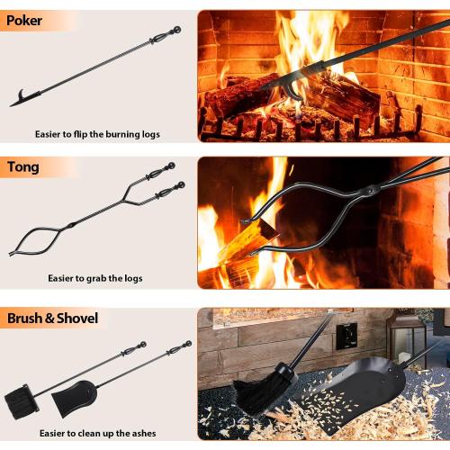 5 Pieces Fireplace Tools Sets Indoor Outdoor Wrought Iron Large Fire Place Set Tools, Fire Pit Tools with Poker Shovel Tongs Brush and Stand, Black