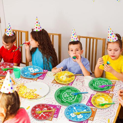96 Pcs Mexican Fiesta Tableware 5 De Mayo Party Supplies for 24 Guests Mexican Papel Picado Disposable Plates Napkins for Party Decorations Fiesta Taco Carnival Birthday Baby Shower Favors