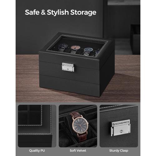 SONGMICS Watch Box, 8-Slot Watch Case Organizer with Large Glass Lid, 2 Layers, Removable Pillows, Metal Lock, Gift for Loved Ones, Black Synthetic Leather, Christmas Gift, Black Lining UJWB080B01