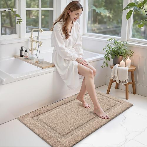 LUMI Large Ultra Soft Bathroom Rugs Non Slip with Rubber Backing, Absorbent Washable Bath Mat Quick Dry, Upgraded Premium Microfiber Plush Carpet for Bathtub and Shower Floor, Beige, 24x43