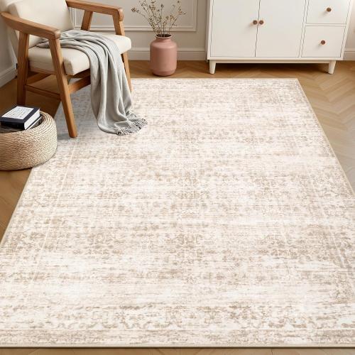 Area Rugs Living Room Rug: Washable Vintage Boho Rug No Slip Stain Resistant Soft Carpet Indoor Floor Floral Large Carpets for Bedroom Dining Room Farmhouse Nursery Hallway Home Office Beige