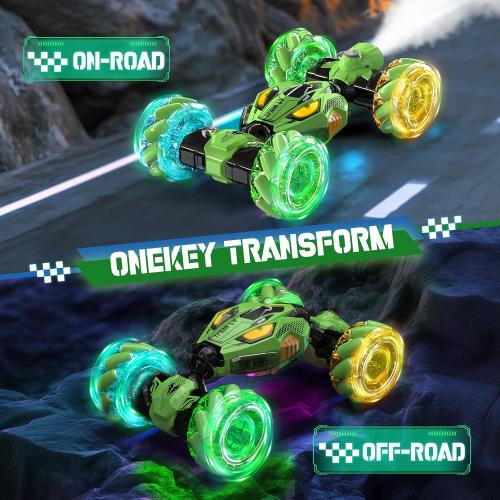 Gesture Sensing RC Stunt Cars - Toys for Boys Girls 6-12 | Best Gifts for Kids 6-12 Years Old | 4WD 360° Rotating Remote Control Transform Car | All-Terrain Off Road Vehicle with Lights Music Green