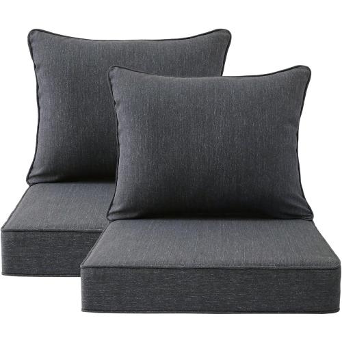 Outdoor Patio Chair Cushions Set, 24 x 24, Set of 2, Water-Repellent, Fade Resistant, Deep Seat Bottom and Back Cushion for Backyard, Couch, Sofa and Patio Furniture, Charcoal