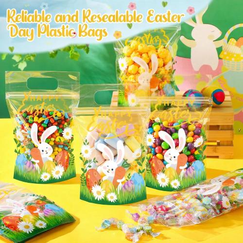Fuutreo 25 Pcs Happy Easter Gift Bags Self Sealed Bunny Pouches Spring Favor Pouches with Handles Spring Plastic Bags for Egg Hunt Holiday Party Candy Gift Wrap Supplies Decoration(Easter)