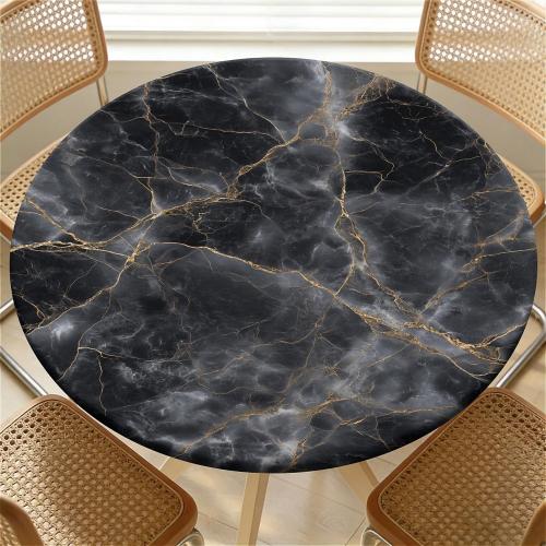 Round Fitted Tablecloth with Elastic Edge Design Table Cover Waterproof Stain-Resistant Wipeable Table Cloth Best for 31-35 Round Tables for Outdoor Indoor Black Marble