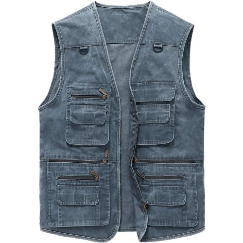 Size M Men's Denim Vest Outdoor Casual Multi Pocket Sleeveless Jacket Jean Work Travel Utility Vest