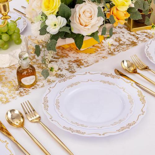 U-QE 100PCS Gold Plates Disposable - Heavy Duty White and Gold Plates Including 50PCS 10'' Dinner & 50PCS 7.5'' Dessert Plates Perfect for Upscale Party, Wedding