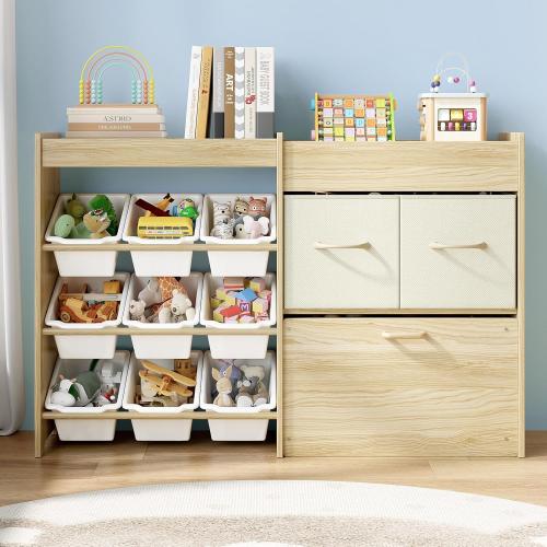 Toy Storage Organizer for Kids, 9-Bin Toy Organizer with 2-Drawers, Movable Toy Chest and Top Rack, Multifunctional Kids Bookshelf and Toy Storage for Playroom, Bedroom, Nursery, White