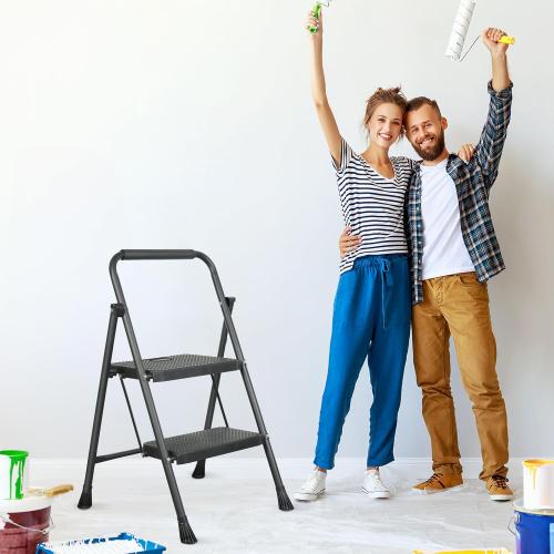 Size 2 Step Ladder color Black , Protable Steel Folding Stool with Wide Anti-Slip Pedal, 500lbs Sturdy Steel Ladder, Black
