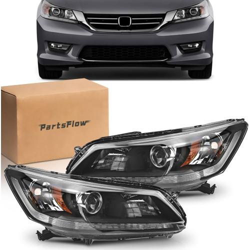 PartsFlow 2PCS Halogen Headlight Black Housing Clear Lens Headlamp Assembly Left And Right For 2013 2014 2015 Honda Accord HO2502151 HO2503151