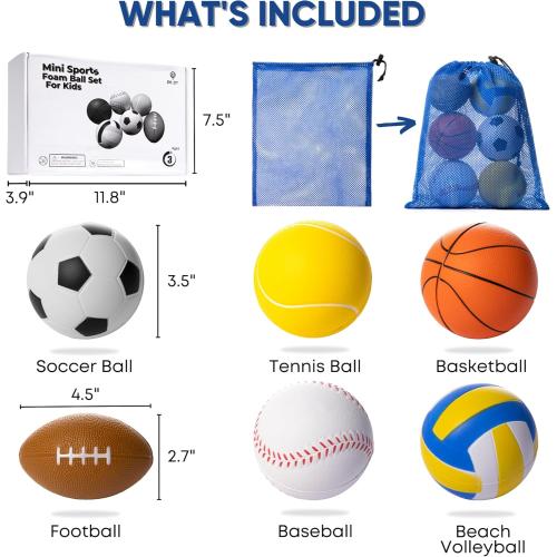 Set Of 6 Mini Sports Foam Balls for Kids, Toddler Ball Toys, Foam Football, Toddler Football, Indoor Baby Soccer, Kids Mini Basketball, Soft Baseball, Volleyball, Small Playground Balls, Baby Ball Toy