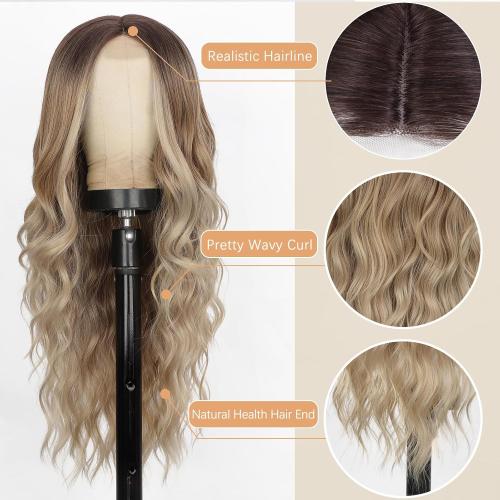 Ombre Blonde Wigs for Women, Long Blonde Wavy Wig, 26 Inch Middle Part Natural Looking Synthetic Heat Resistant Wig for Daily Party Cosplay Use