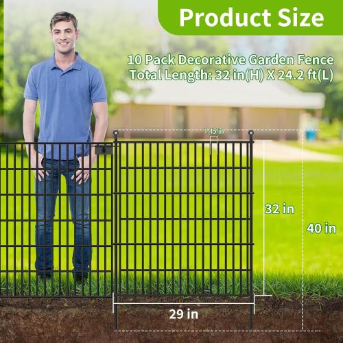 10 Panels No Dig Garden Fence with Gate, 32 in(H) X24.2 ft(L) Metal Fence Panels, Thickened Rustproof Garden Fencing, Animal Barrier Fence for Dogs, Rabbits, and Patio