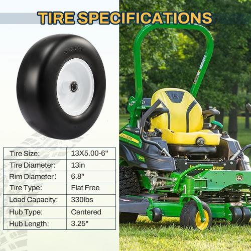 13x6.50-6 Flat Free Lawn Mower Tire, Zero Turn Mower Front Tires, 13x5x6 Solid Lawn Mower Tires for Residential and Commercial, with Centered Hub, 2 Pack