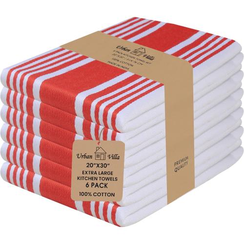 Urban Villa Kitchen Towels 100% Cotton Pack of 6, Highly Absorbent Quick Drying Super Soft Premium Dish Towels for Kitchen with Hanging Loop Hand & Tea Towels - 20x30 Inch, (Red & White, Striped)