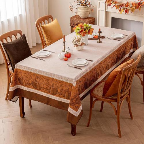 Romanstile Fall Rectangle Tablecloth 60 x 84 Inch, Thanksgiving Autumn Harvest Pumpkin Table Cloth, Stain Resistant Washable Table Cover for Dining, Party, Holiday Decor - Orange and Beige