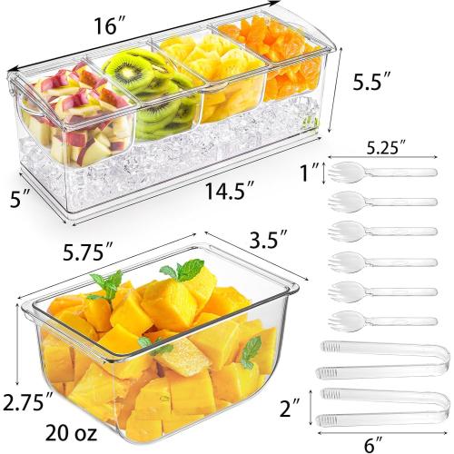 Jucoan Large Ice Chilled Condiment Server with Lid, 4 Compartments Chilled Condiment Caddy, Bar Garnish Serving Platter Holder Tray for Mimosa Taco Salad Bar, 2 Tongs, 6 Forks