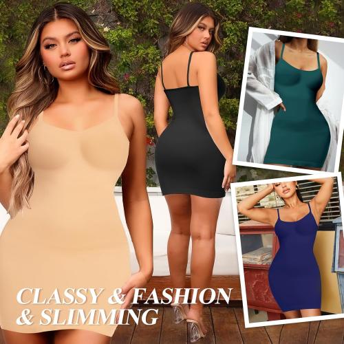 Women's Shapewear Slips for Under Dresses Tummy Control Full Slip Dress Seamless Body Shaper Spaghetti Strap Cami Dress
