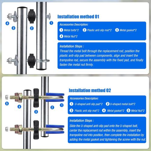 2 Sets Trampoline Replacement Poles, Universal Enclosure Pole Trampoline Net Poles Fits 8-16FT Frame with Poles Up to 1.65/4CM OD, 2 Mounting Hardware Kits & Safety Foam Sleeves