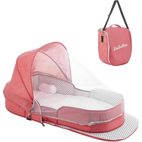 Pink Baby Travel Bassinet Portable Bassinets, Foldable Carry Bag Bassinet Travel Crib, Lightweight Baby Lounger Pod Infant Bed with 2-1 Mosquito & Canopy (Pink)