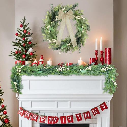 24-Inch Spring Greenery Wreath – Faux Pine & Eucalyptus Mixed Botanical Wreath with White Meadow Berries & Natural Burlap Bow – Modern Farmhouse Front Door Decor for Year-Round Use