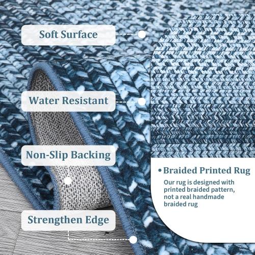 Washable Rug  Boho Accent Carpet Modern Geometric Floor Carpet Indoor Throw Floor Cover Braided Print Rug Low Pile Non Slip Farmhouse Rustic Bohemian Carpet for Living Room Bedroom, Blue