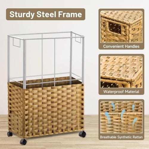 70L Slim Laundry Hamper with Lid & Wheels, 2-Park Rolling Laundry Basket with 4 Removable Liner Bags & 3 Mesh Bags, Narrow Dirty Clothes Basket, Foldable Handwoven Rattan Laundry Sorter, Natural‼️no rips tears or breaks 2 laundry hampers and accessories may be missing ‼️