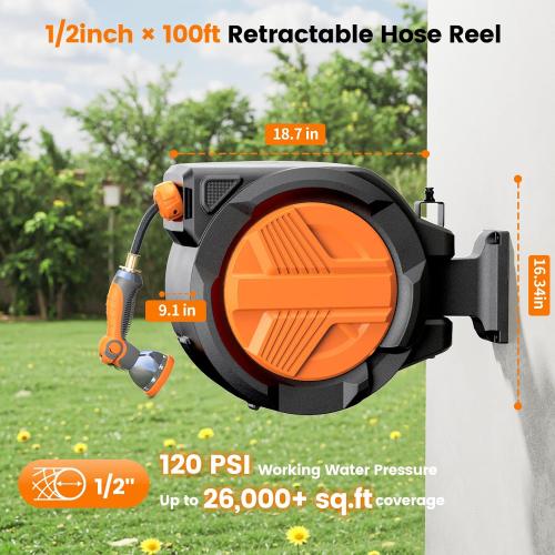 Size 1/2 x 100ft Color Orange Retractable Garden Hose Reel 1/2” x 100ft, Auto Rewind Hose Reels for Outside, Heavy-Duty Wall-Mounted Outdoor Hose, 10-Mode Nozzle, Adjustable Length, 180° Rotation for Watering, Car & Pet Washing