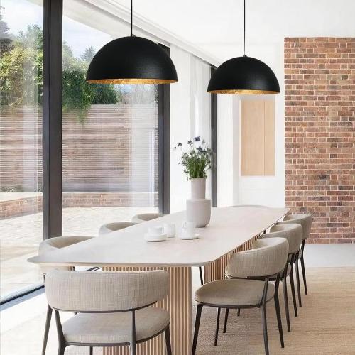 15 Inch Black and Gold Pendant Light, Bold Textured Matte Black Dome with Hand-Applied Gold Leaf Interior, Hanging Chandelier Fixture for Kitchen Island, Dining Room, or Bar