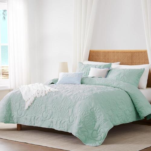 WDCOZY Coastal Beach Queen Size Quilt Bedding Sets, Seafoam Green Nautical Tropical Ocean Bedspread, Scallop Seashell Soft Coverlet, Lightweight Summer Thin Comforter for All Season