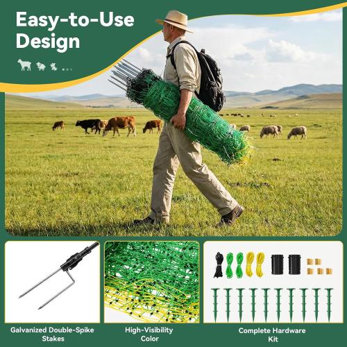 Electric Fence Netting, 42.5 H x 164' L, Portable Livestock Net Fencing with Double-Spike Posts, Movable Mesh for Goats, Sheep, Hogs, Deer & Dogs, Predator Control for Backyard, Farm & Homestead