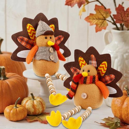 winemana 2 Pack Thanksgiving Turkey Decorations - Stuffed Animal Shelf Sitters with Dangling Legs for Table, Cute Turkeys Figurine Fall Decor for Home, Porch & Indoor Mantel Holiday Decor